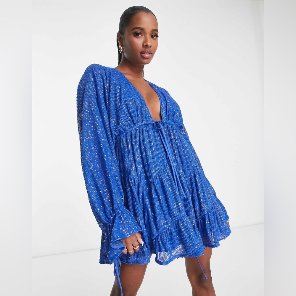 ASOS DESIGN Petite embellished tiered mini dress with tie detail in blue Size 0